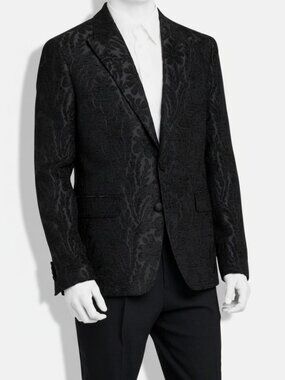 Etro Men's Black Silk Tonal Velvet Jacquard Tuxedo Suit Jacket Size 50
